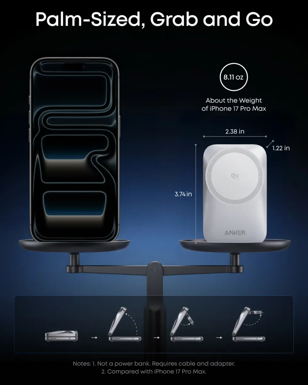 Anker Prime Foldable trådlös laddstation 3-i-1 MagGo Silver