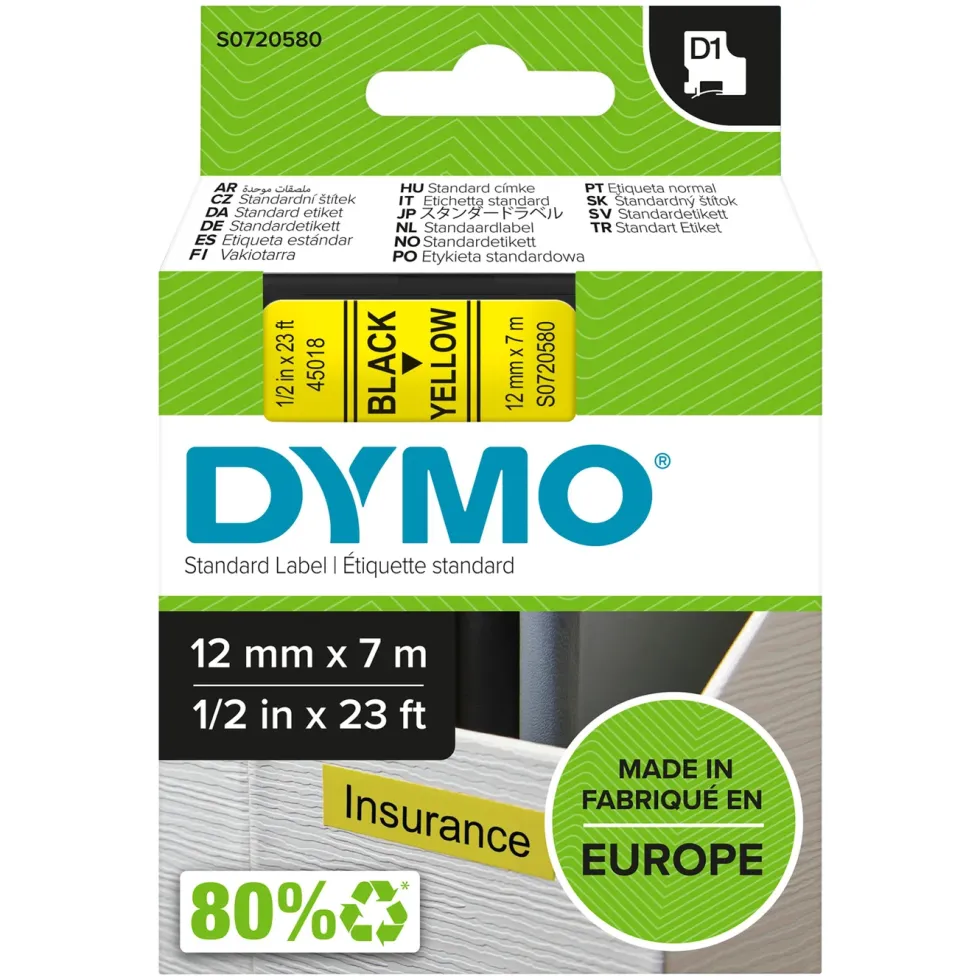 Dymo D1-märktejp 12 mm Gul