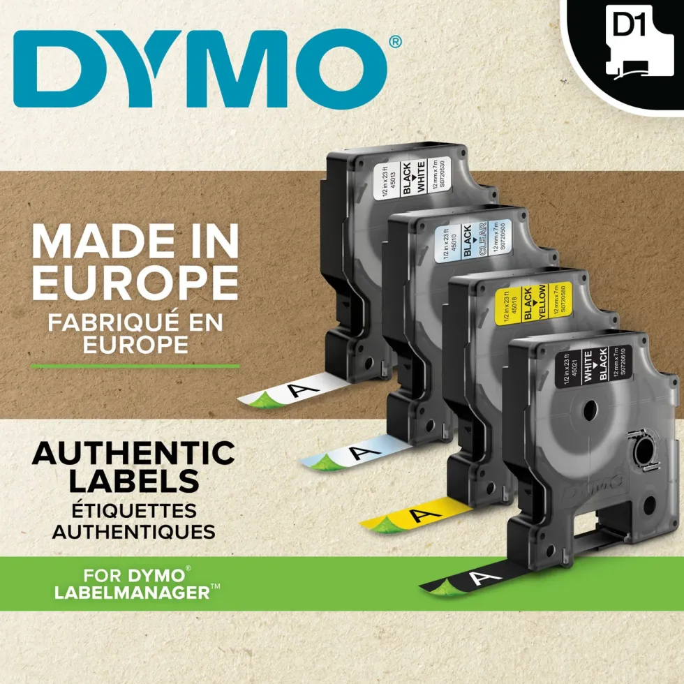 Dymo D1-märktejp 12 mm Gul