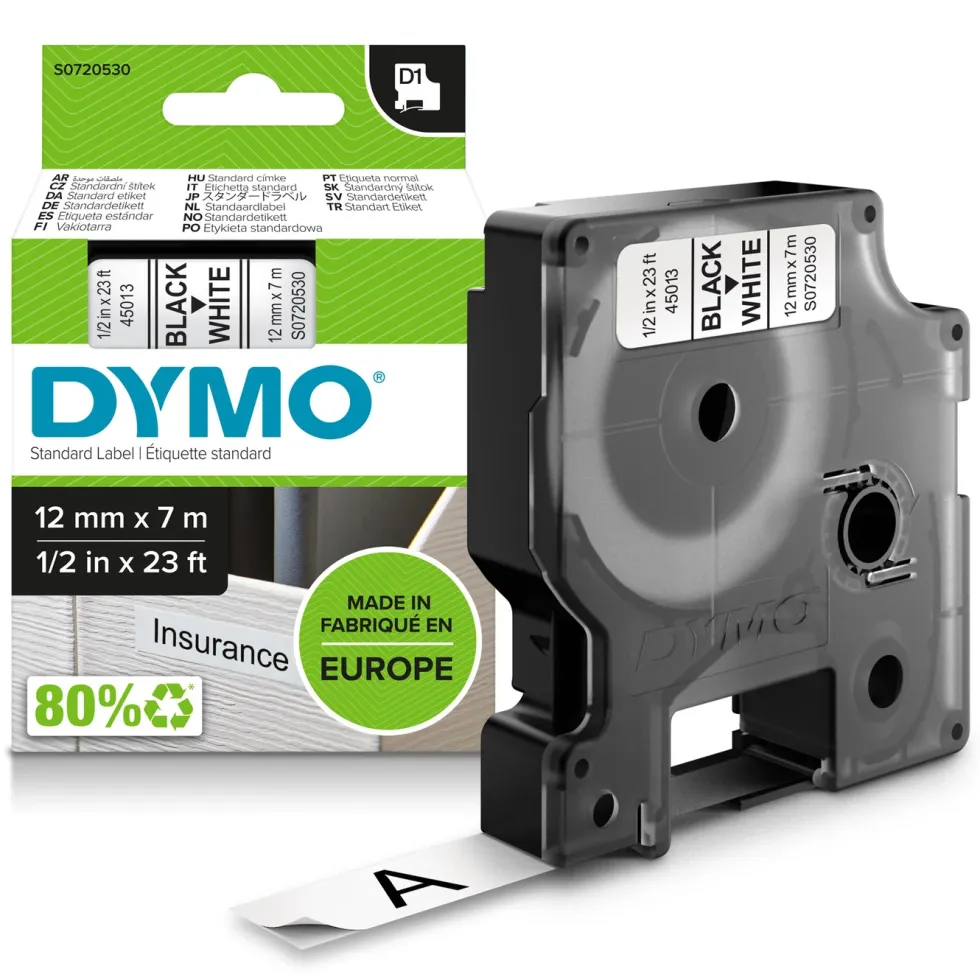 Dymo D1-märktejp 12 mm Vit