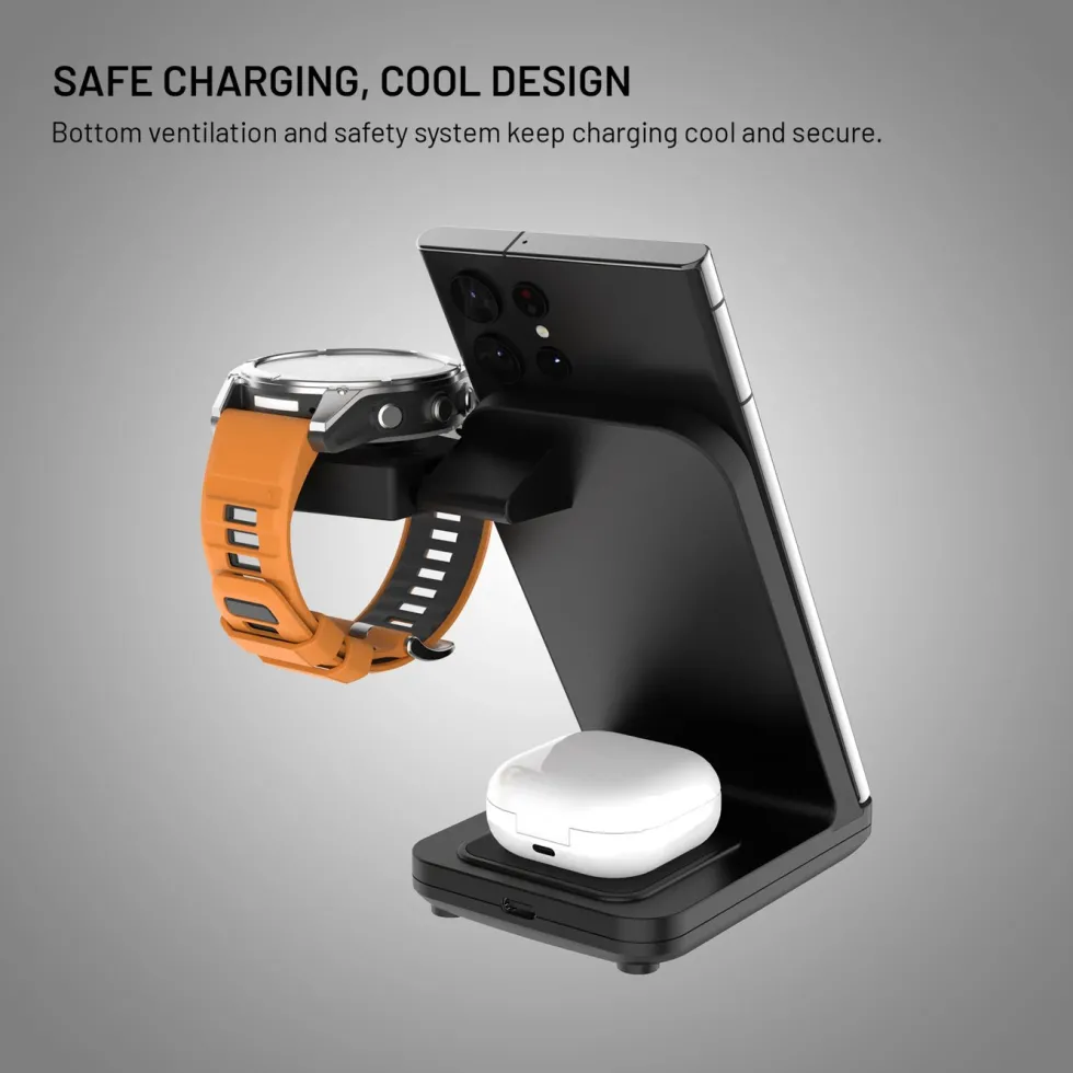 Fixed 3‑in‑1 Trådlös Laddstation för Garmin – Svart