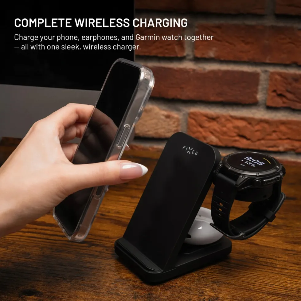 Fixed 3‑in‑1 Trådlös Laddstation för Garmin – Svart