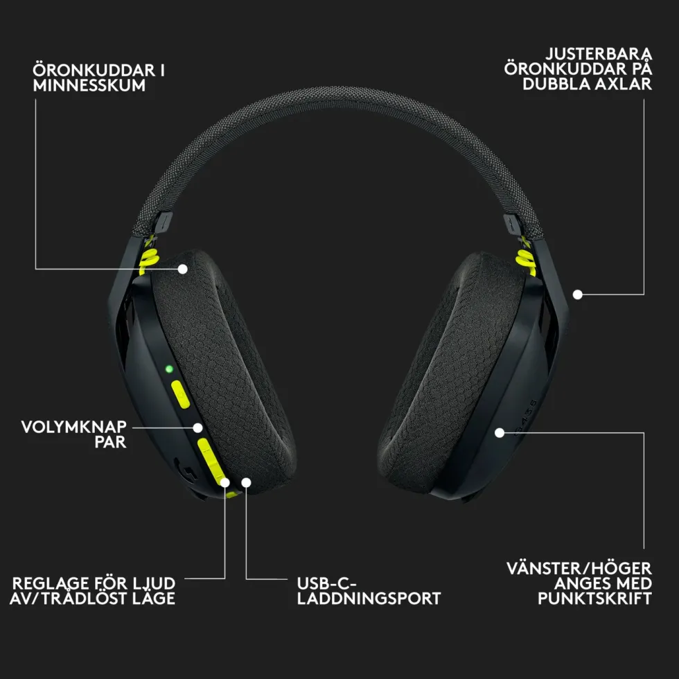 Logitech G 435 Lightspeed Trådlöst gaming-headset Svart & Neongul