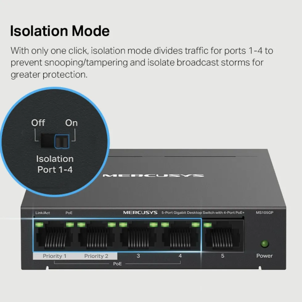 Mercusys MS105GP 5-portars gigabitswitch med POE+