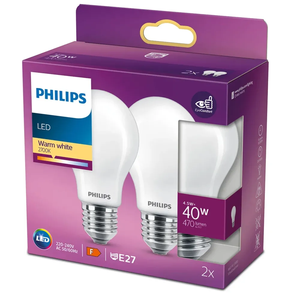 Philips Philips LED-lampa frostad E27 470 lm 2-pack