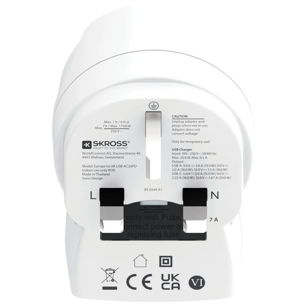 Skross Reseadapter Europa till UK USB AC PD 20W