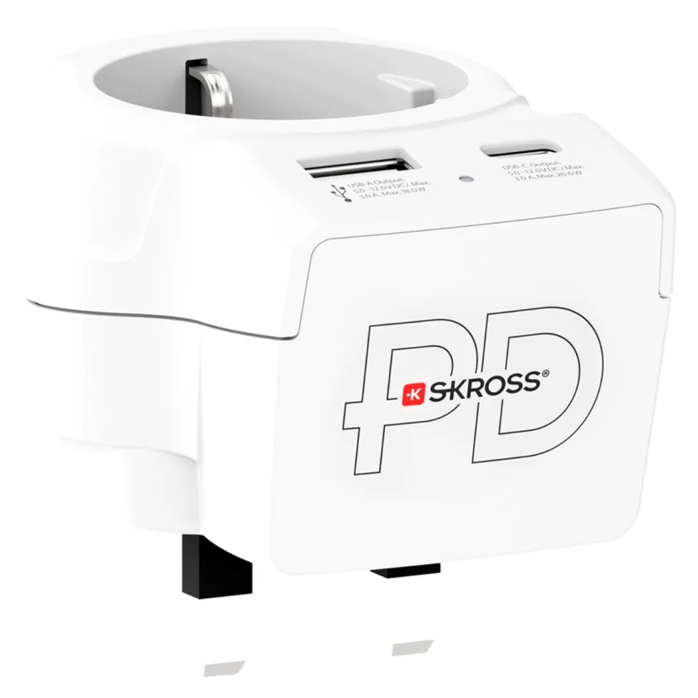 Skross Reseadapter Europa till UK USB AC PD 20W