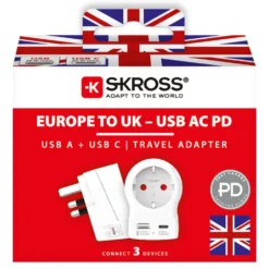 Skross Reseadapter Europa till UK USB AC PD 20W
