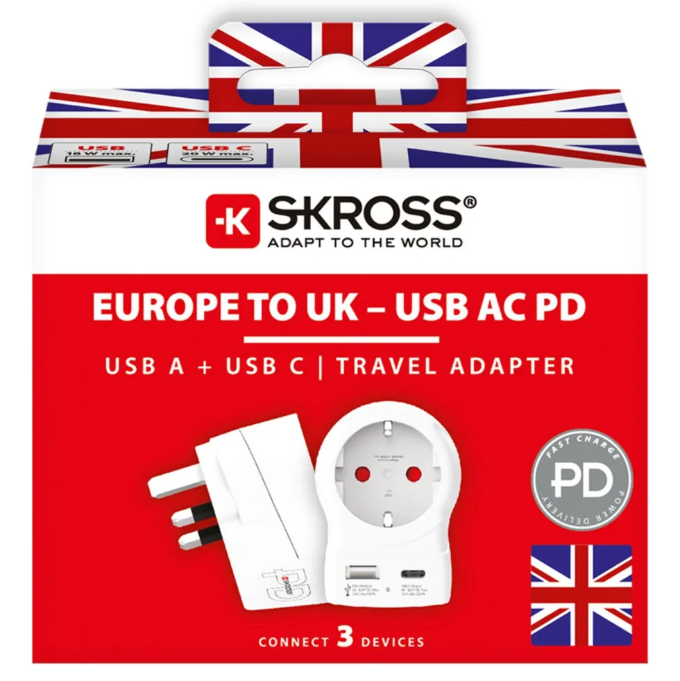 Skross Reseadapter Europa till UK USB AC PD 20W