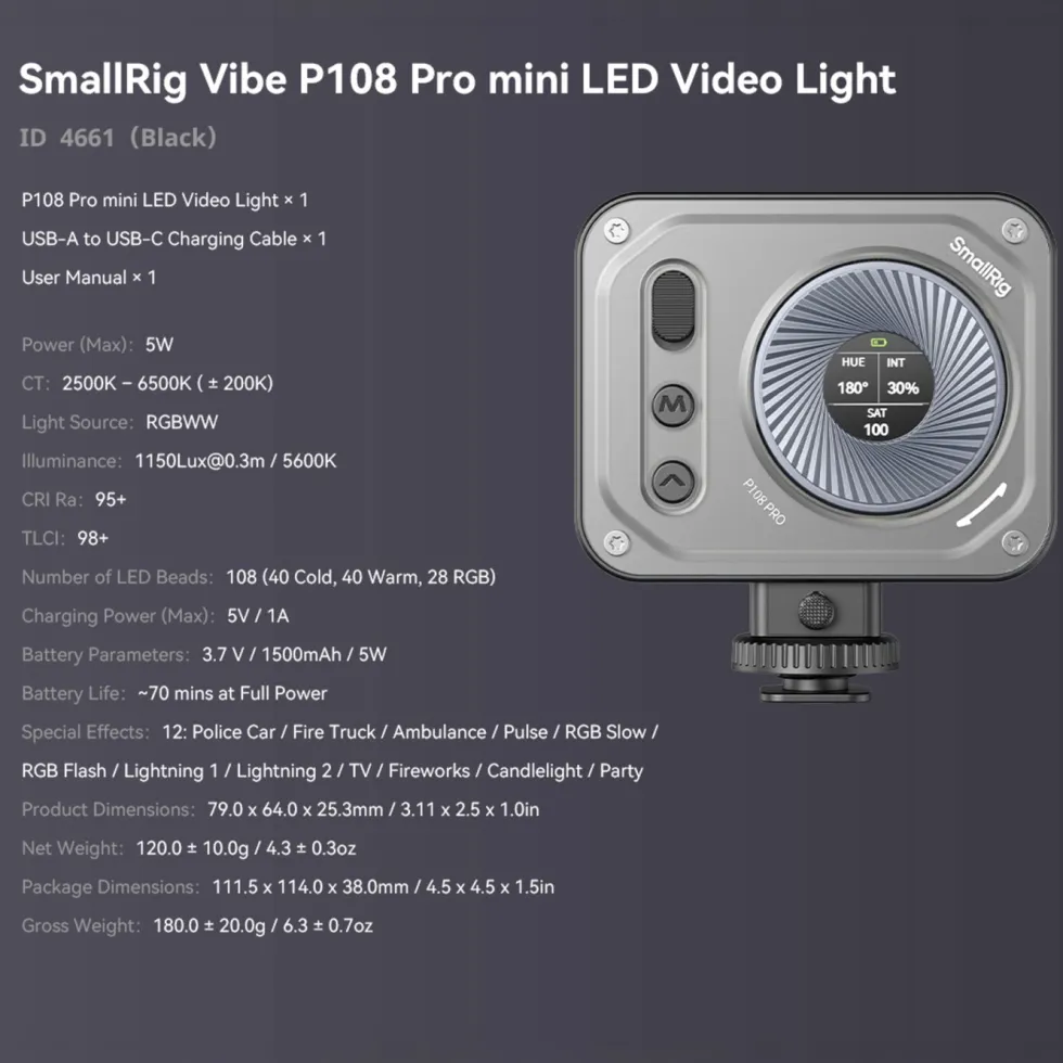 SmallRig Vibe P108 Pro mini-LED-videolampa
