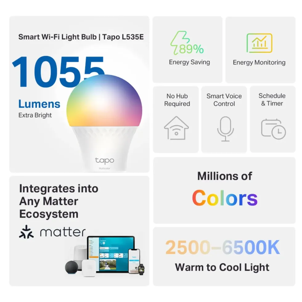 TP-Link Tapo Smart RGB LED-lampa 1100 lumen E27