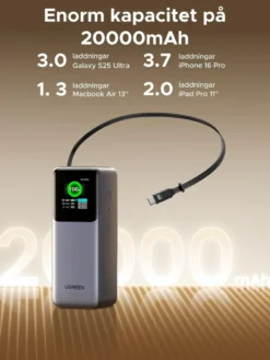 Ugreen Nexode powerbank 20 000 mAh 165 W med inbyggd kabel