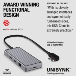 Unisynk 10-portars USB-C-hubb för dubbla skärmar för Mac Grå